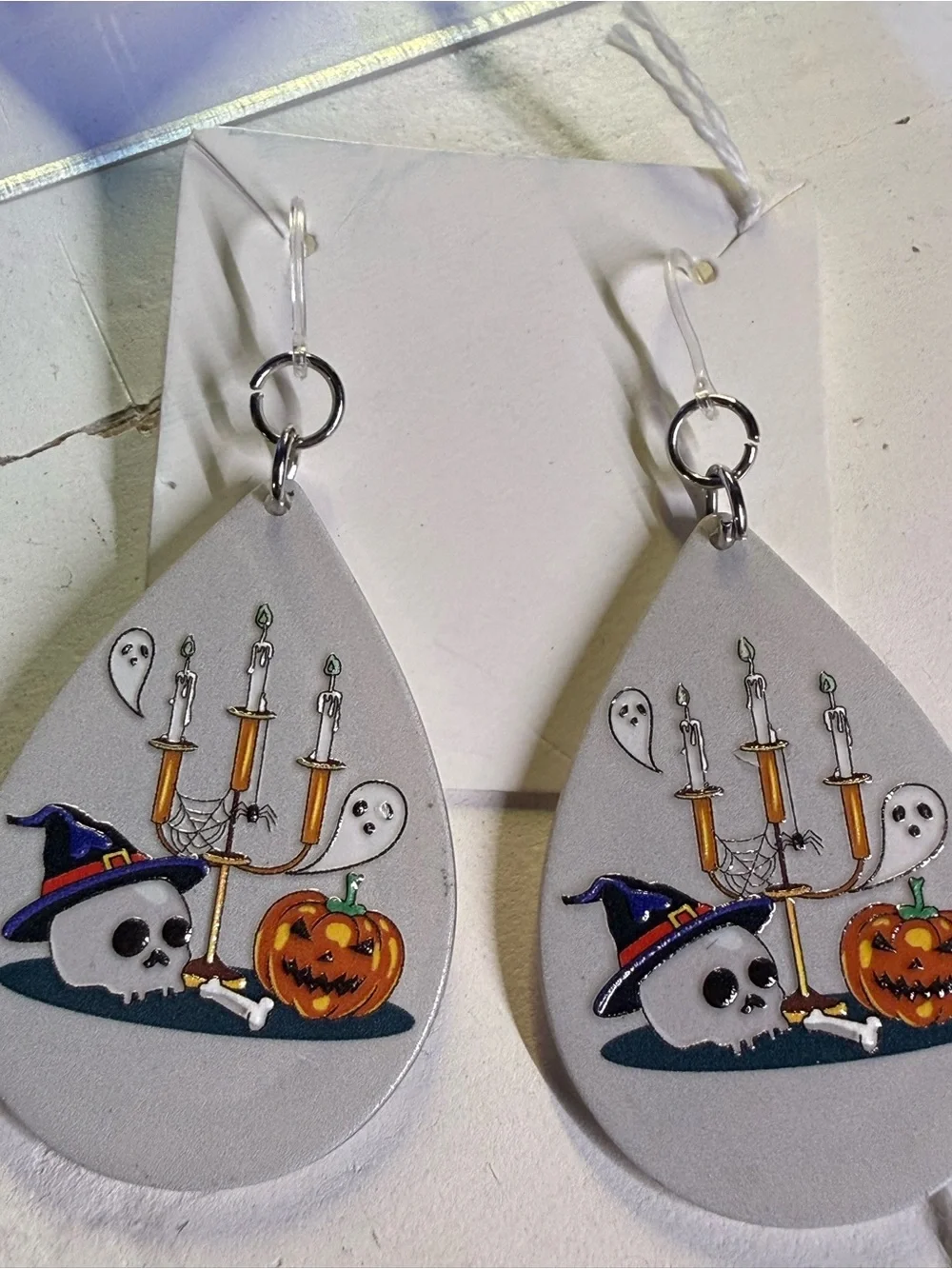 Hypoallergenic Spooky Halloween Teardrop Earrings | Skull Candelabra Pumpkin